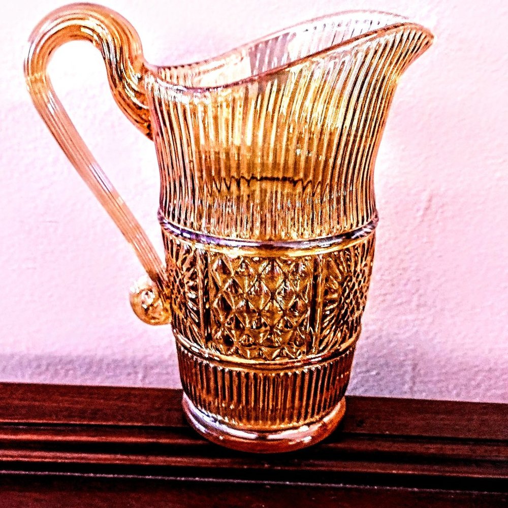 Vintage FENTON Iridescent Gold Creamer/5.75" Pitcher ~ Quilt & Rib Design ~ Read